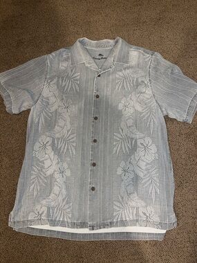 Tommy Bahama Shirt xl t Shadow Grey Kamari Border 100% silk